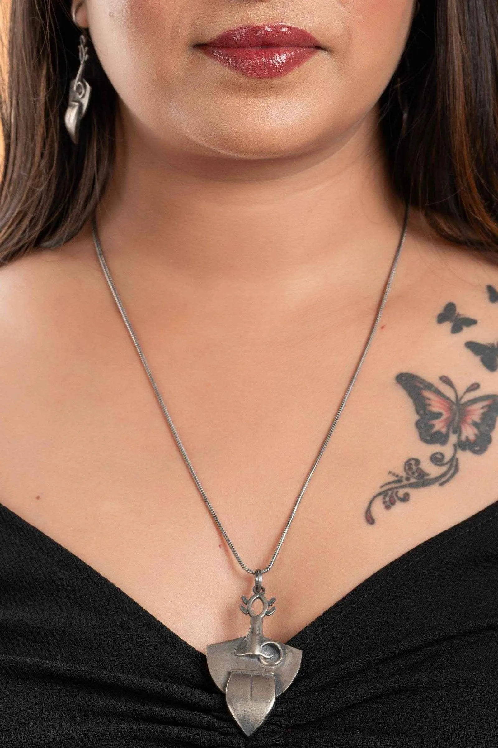 Oxidised Silver Maa Kali Necklace Set With Matching Earrings - Elegant Jewelry