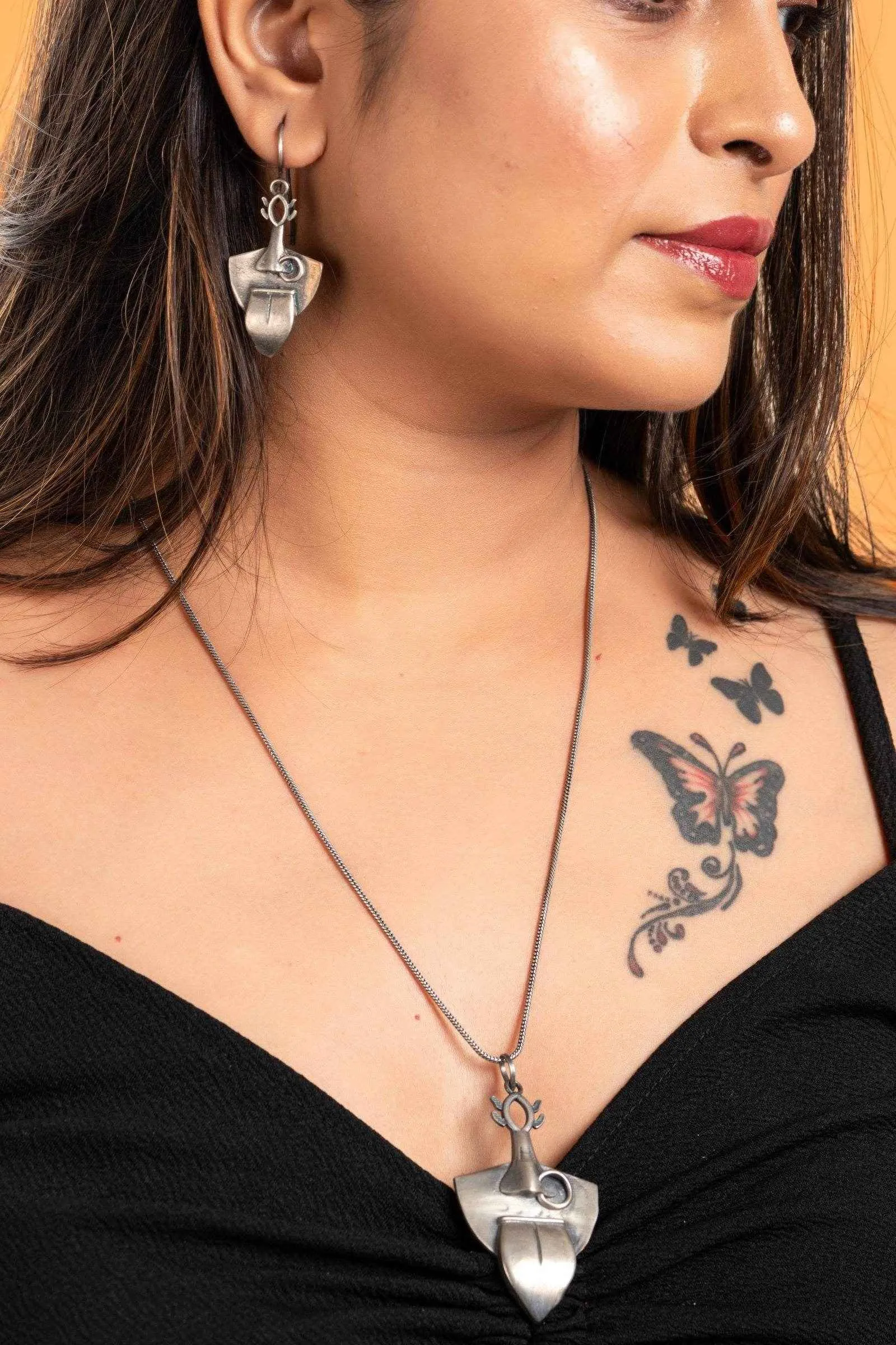 Oxidised Silver Maa Kali Necklace Set With Matching Earrings - Elegant Jewelry