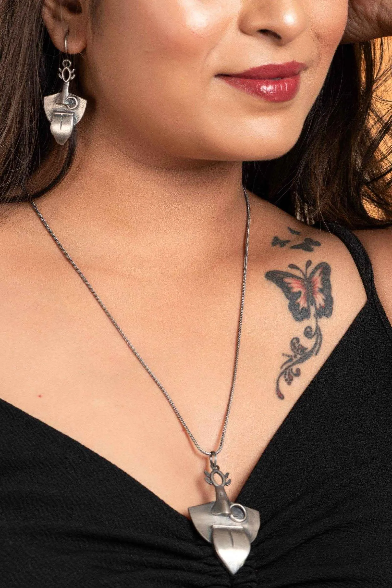 Oxidised Silver Maa Kali Necklace Set With Matching Earrings - Elegant Jewelry
