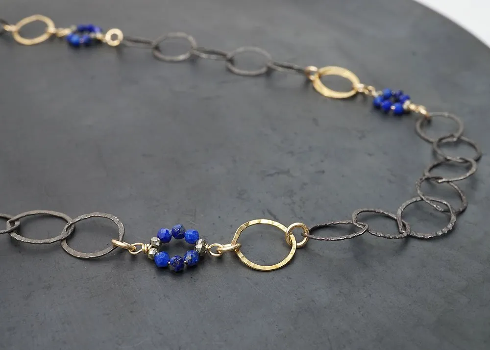 Oxidized sterling silver and 14k gold-filled chain with wrapped lapis and pyrite circles
