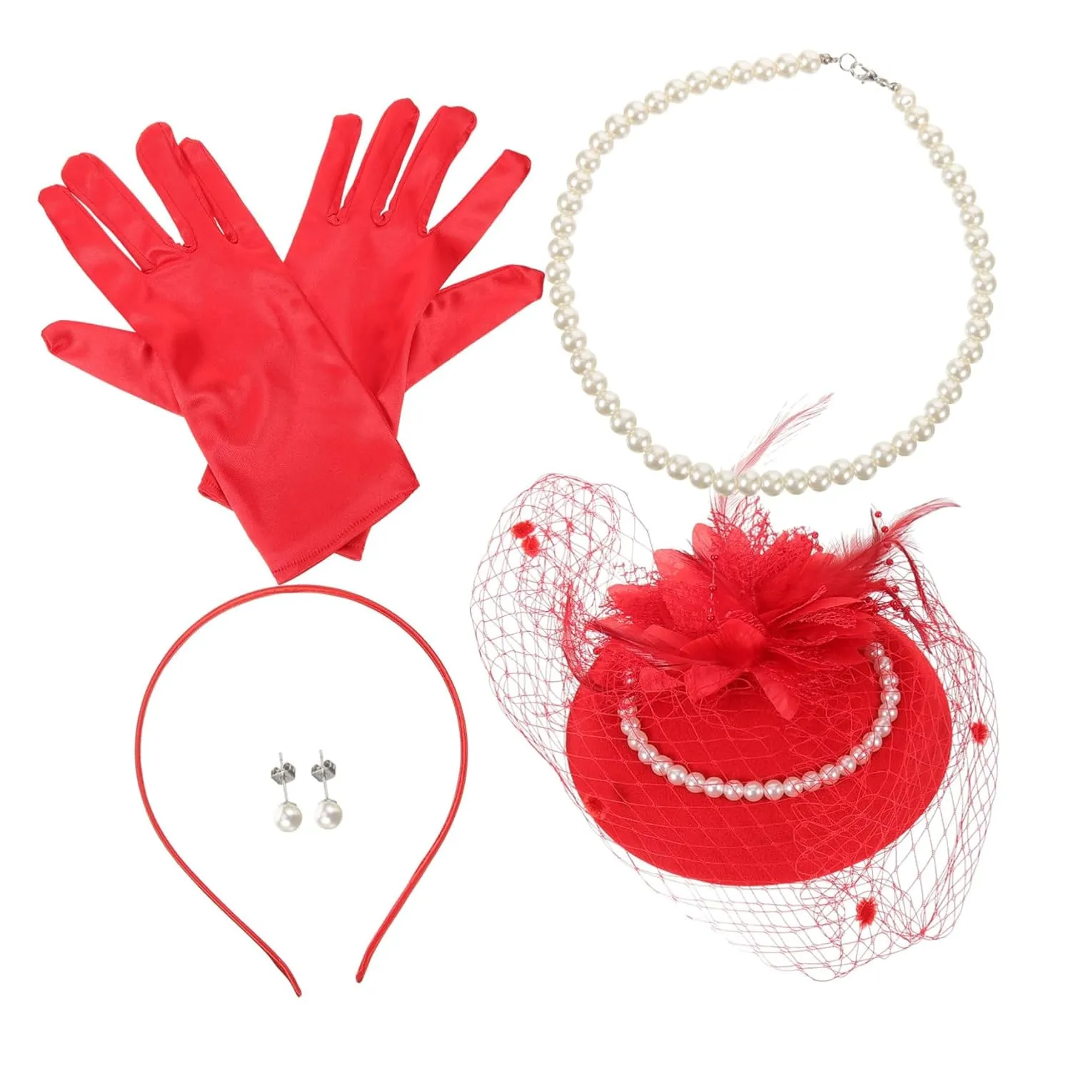 Party Fascinator Set Pearl Headband Hat Necklace Earrings Gloves Elegant Bridal Wedding Accessory