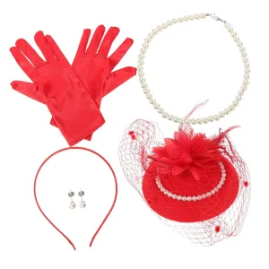 Party Fascinator Set Pearl Headband Hat Necklace Earrings Gloves Elegant Bridal Wedding Accessory
