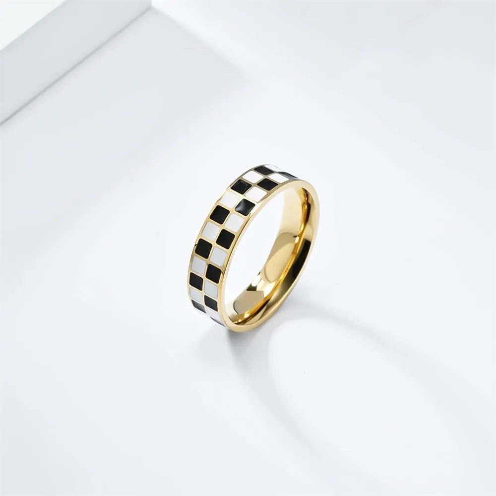 PAURO Women's Stainless Steel Minimalist Personalized Chessboard Rings Statement Wedding Band