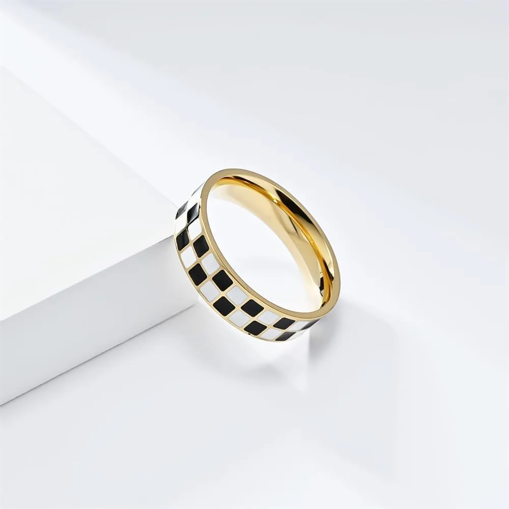 PAURO Women's Stainless Steel Minimalist Personalized Chessboard Rings Statement Wedding Band