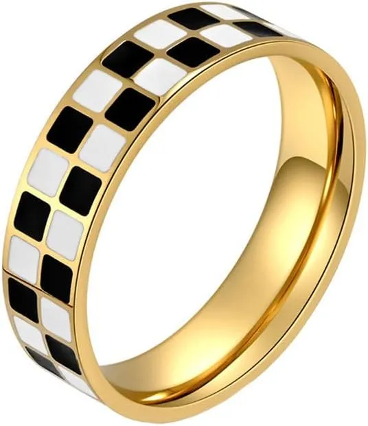 PAURO Women's Stainless Steel Minimalist Personalized Chessboard Rings Statement Wedding Band