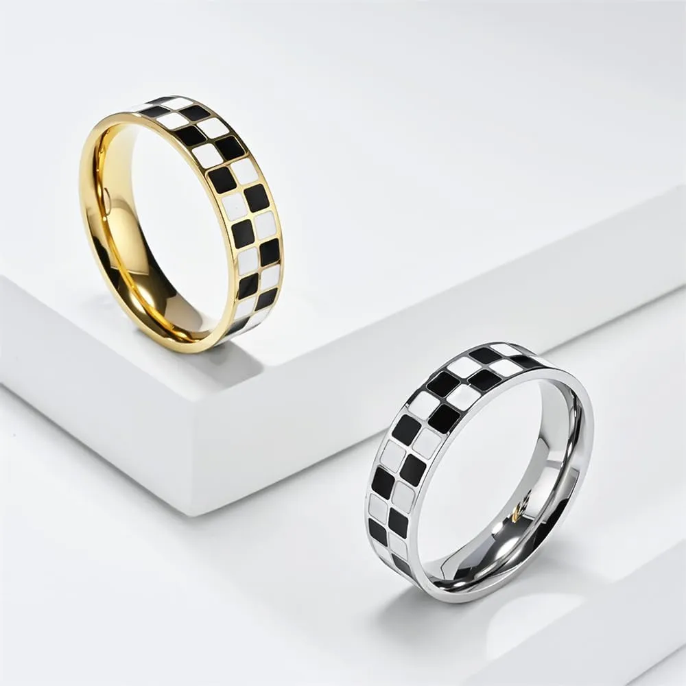 PAURO Women's Stainless Steel Minimalist Personalized Chessboard Rings Statement Wedding Band