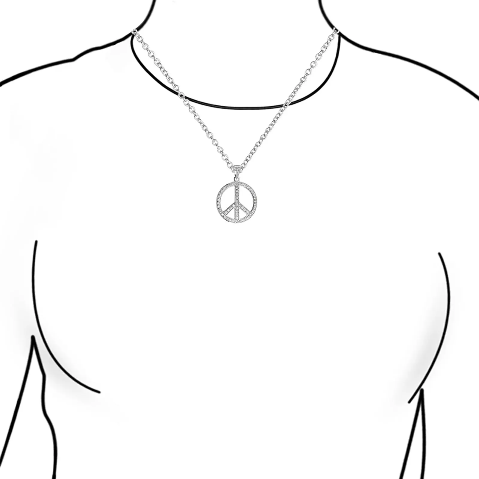 Pave CZ Peace Sign Pendant Necklace in Sterling Silver with Chain