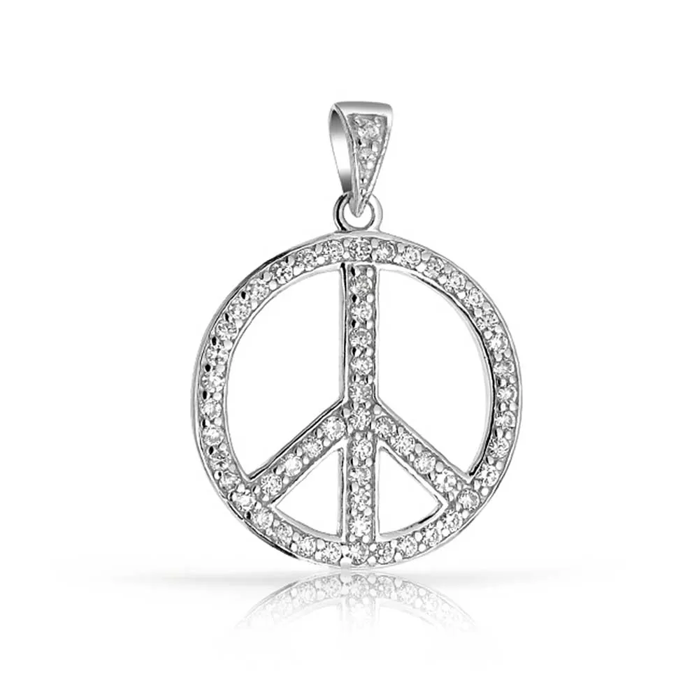Pave CZ Peace Sign Pendant Necklace in Sterling Silver with Chain