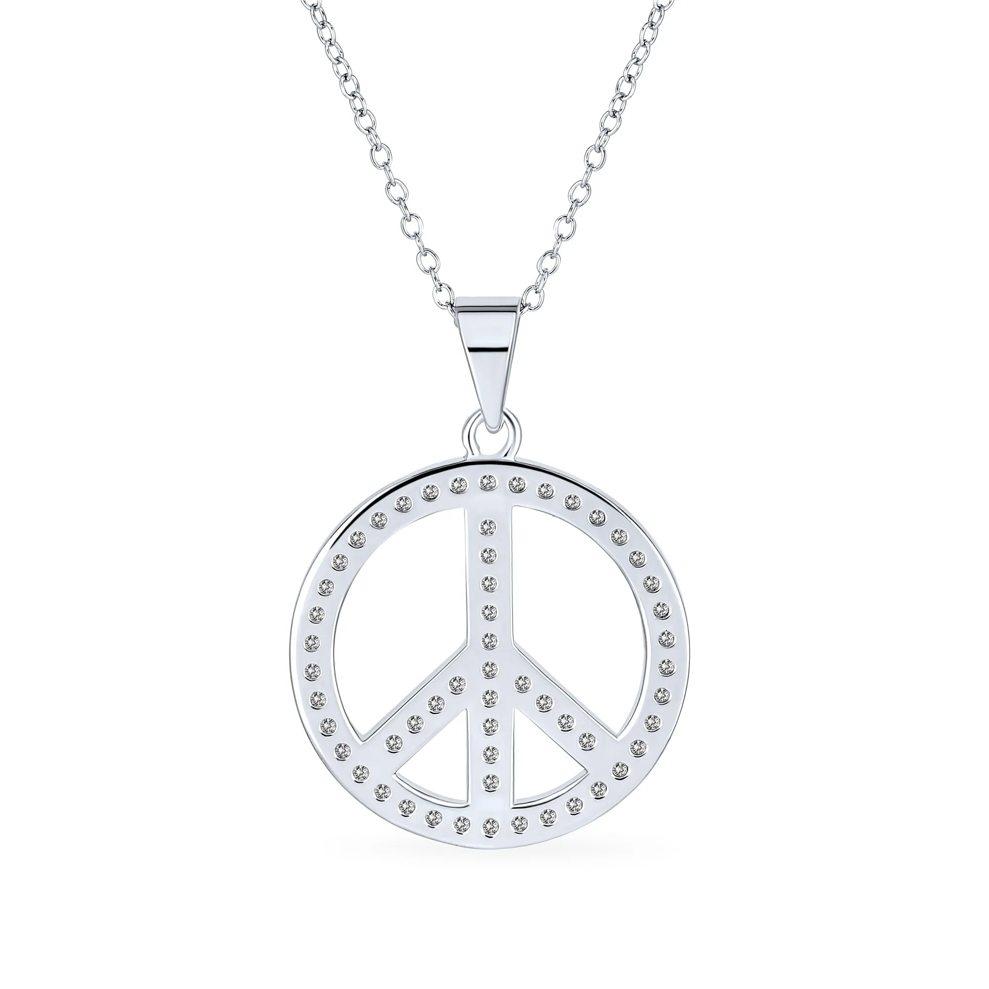Pave CZ Peace Sign Pendant Necklace in Sterling Silver with Chain
