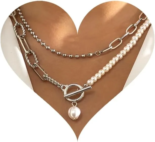 Pearl Chunky Gold Necklaces for Women Trendy Dainty Layered Gold Necklace Stack Baroque Pearl OT Clasp Paperclip Necklace Beaded Ball Chain Necklace for Women