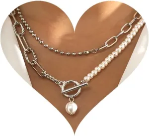 Pearl Chunky Gold Necklaces for Women Trendy Dainty Layered Gold Necklace Stack Baroque Pearl OT Clasp Paperclip Necklace Beaded Ball Chain Necklace for Women
