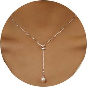 Pearl Lariat Necklaces for Women Mom S925 Sterling Silver Dainty Spiral CZ Pearl Pendant Long Necklace Sparkle Y-Shape Necklaces Pearl Drop Necklace Gold Jewelry Gifts for Brides Wedding Chain 17 2''