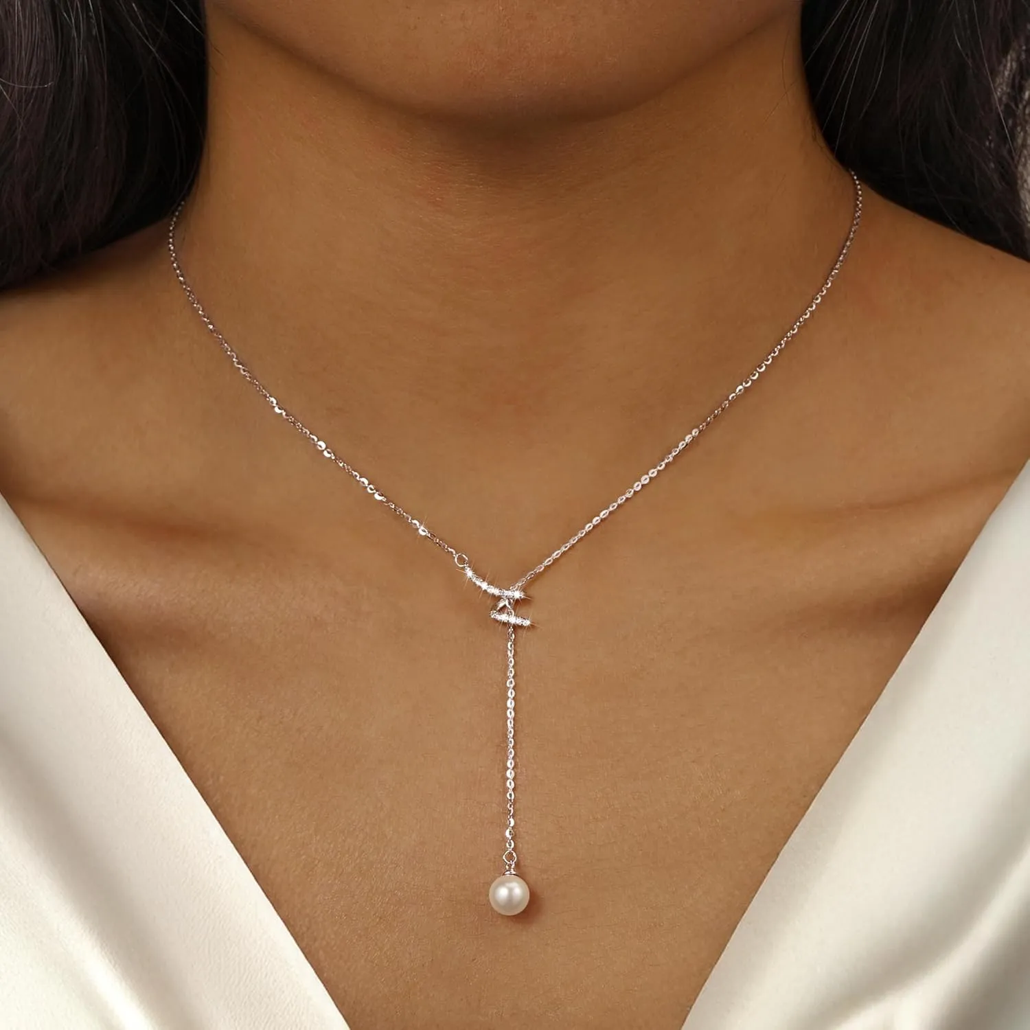 Pearl Lariat Necklaces for Women Mom S925 Sterling Silver Dainty Spiral CZ Pearl Pendant Long Necklace Sparkle Y-Shape Necklaces Pearl Drop Necklace Gold Jewelry Gifts for Brides Wedding Chain 17 2''