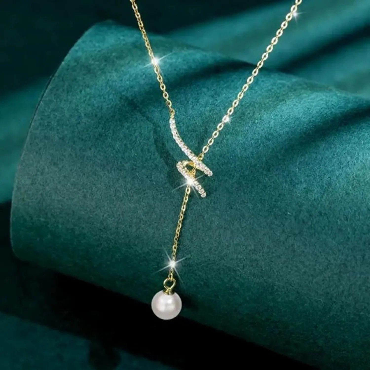 Pearl Lariat Necklaces for Women Mom S925 Sterling Silver Dainty Spiral CZ Pearl Pendant Long Necklace Sparkle Y-Shape Necklaces Pearl Drop Necklace Gold Jewelry Gifts for Brides Wedding Chain 17 2''