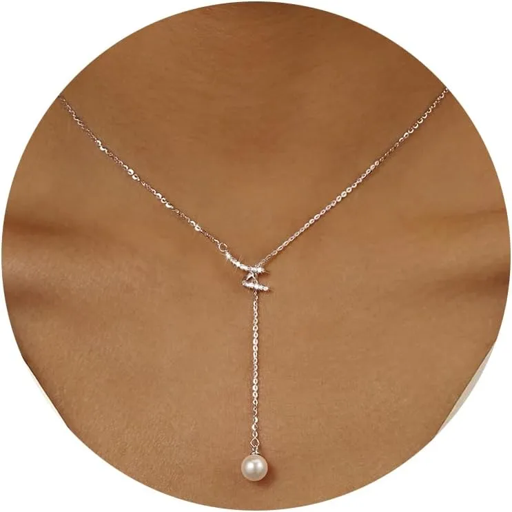 Pearl Lariat Necklaces for Women Mom S925 Sterling Silver Dainty Spiral CZ Pearl Pendant Long Necklace Sparkle Y-Shape Necklaces Pearl Drop Necklace Gold Jewelry Gifts for Brides Wedding Chain 17 2''