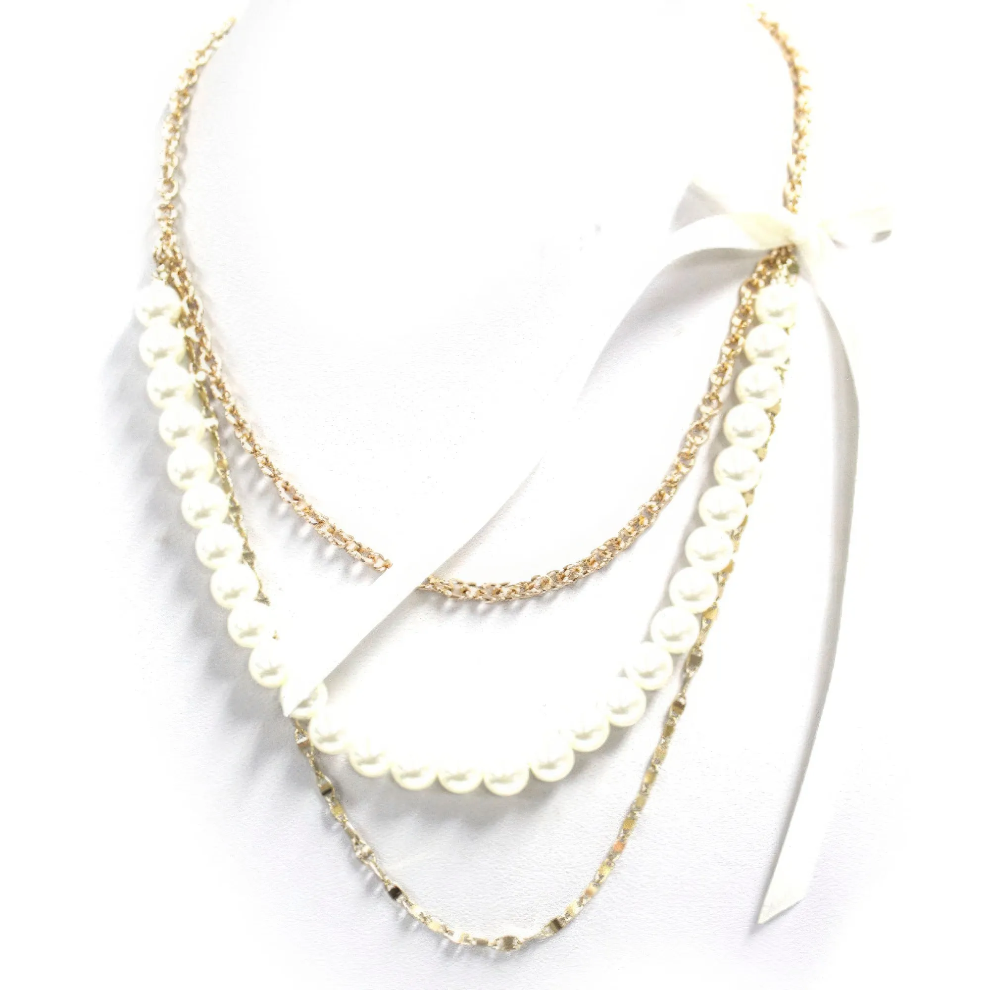 Pearl Layered Ribbon Long Necklace