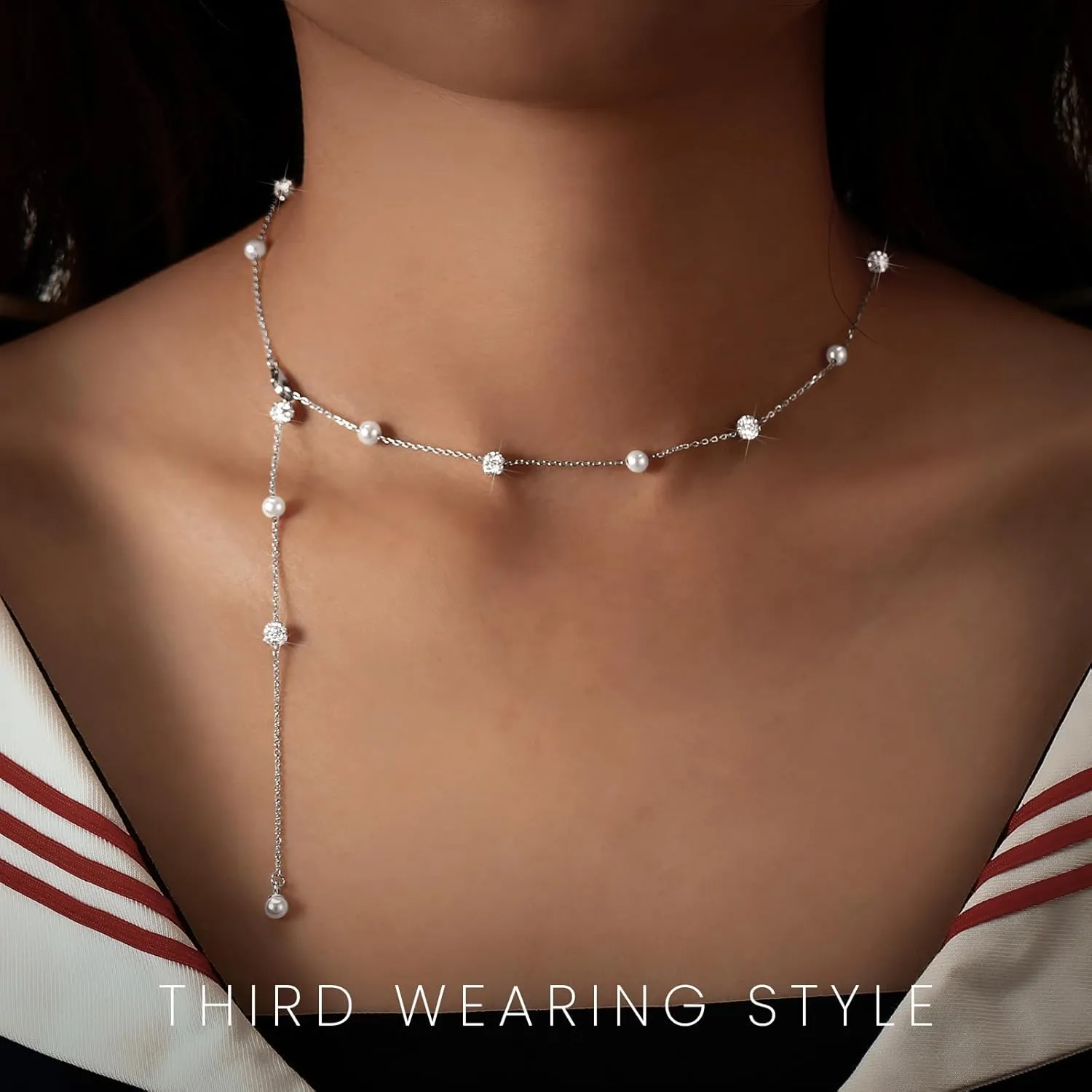 Pearl Necklace for Women 925 Sterling Silver Pearl Drop Y Necklace with Cubic Zirconia Crystal Ball Sparkle Necklace for Brides Adjustable Silver Wedding Necklace Birthday Everyday Jewelry18.31"