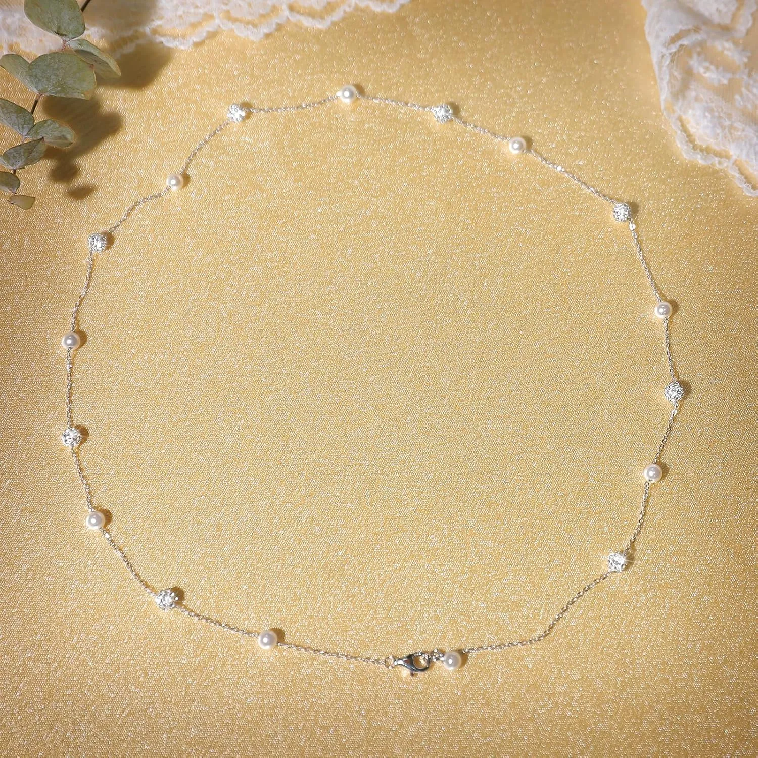 Pearl Necklace for Women 925 Sterling Silver Pearl Drop Y Necklace with Cubic Zirconia Crystal Ball Sparkle Necklace for Brides Adjustable Silver Wedding Necklace Birthday Everyday Jewelry18.31"