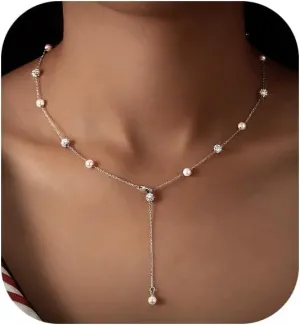 Pearl Necklace for Women 925 Sterling Silver Pearl Drop Y Necklace with Cubic Zirconia Crystal Ball Sparkle Necklace for Brides Adjustable Silver Wedding Necklace Birthday Everyday Jewelry18.31"