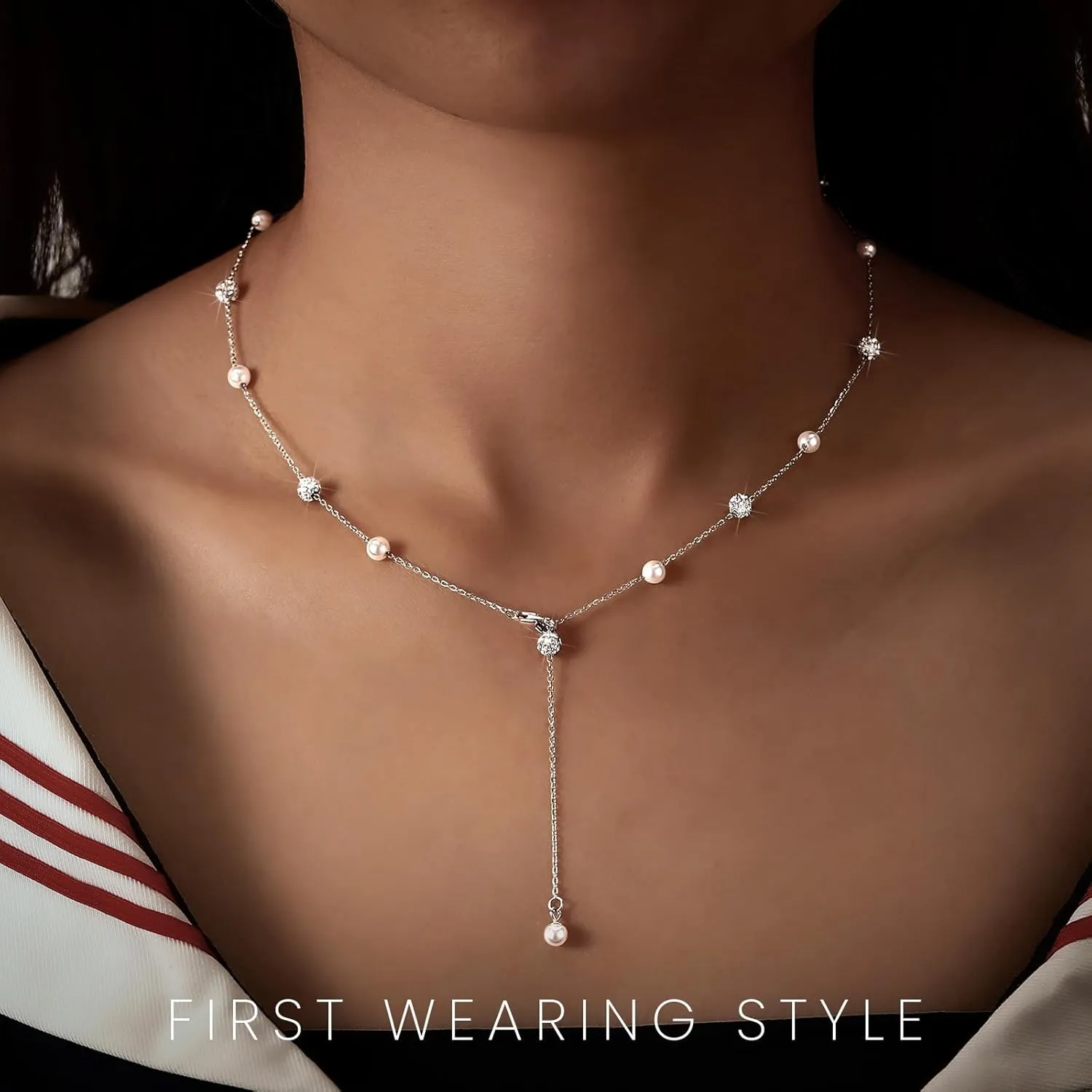 Pearl Necklace for Women 925 Sterling Silver Pearl Drop Y Necklace with Cubic Zirconia Crystal Ball Sparkle Necklace for Brides Adjustable Silver Wedding Necklace Birthday Everyday Jewelry18.31"