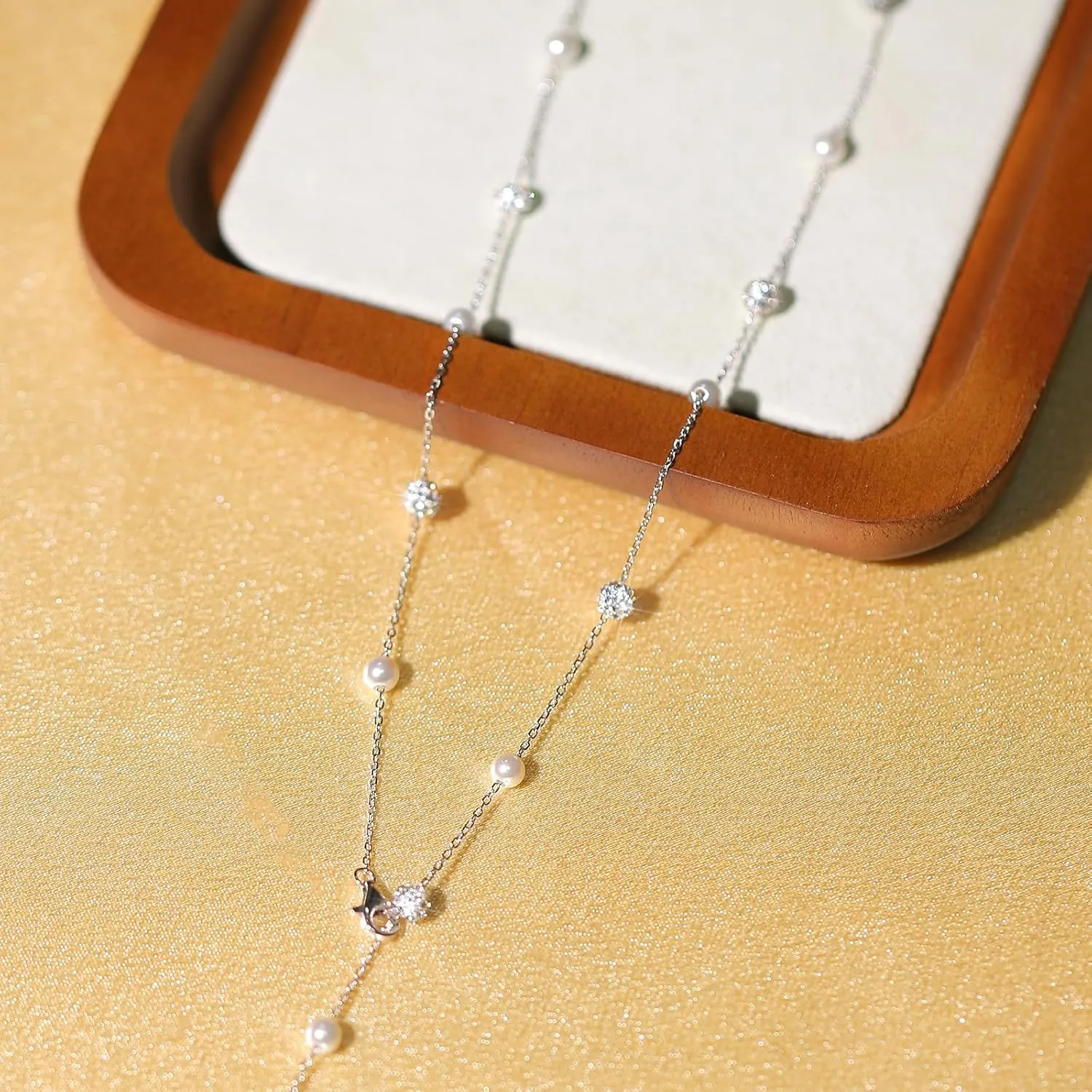 Pearl Necklace for Women 925 Sterling Silver Pearl Drop Y Necklace with Cubic Zirconia Crystal Ball Sparkle Necklace for Brides Adjustable Silver Wedding Necklace Birthday Everyday Jewelry18.31"