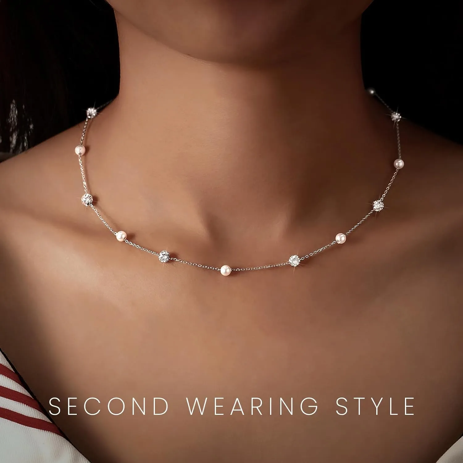 Pearl Necklace for Women 925 Sterling Silver Pearl Drop Y Necklace with Cubic Zirconia Crystal Ball Sparkle Necklace for Brides Adjustable Silver Wedding Necklace Birthday Everyday Jewelry18.31"