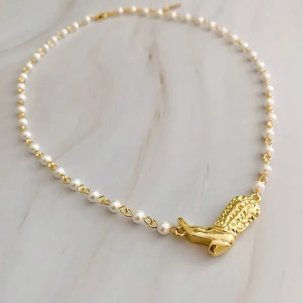 Pearl Necklace with Cowboy Boot Charm