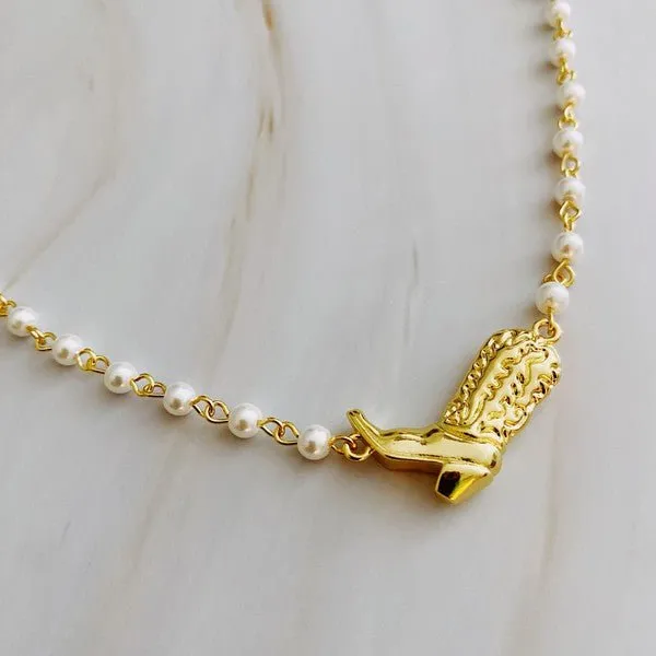 Pearl Necklace with Cowboy Boot Charm