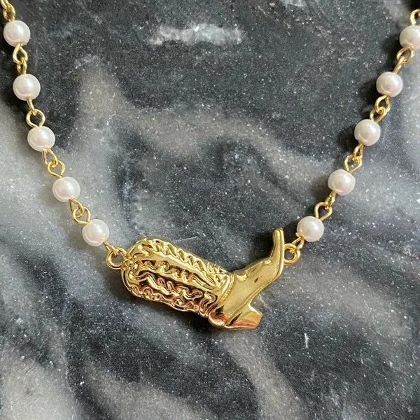 Pearl Necklace with Cowboy Boot Charm