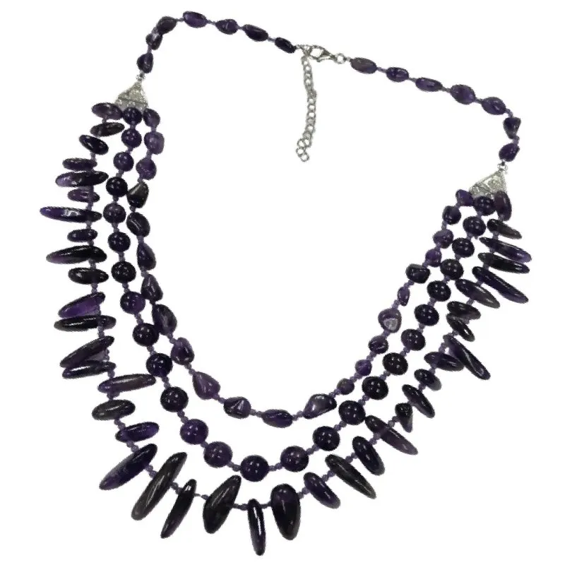 Pearlz Gallery Flat Oval Shaped Natural Amethyst Women's Necklaces | 3 Lines Necklace for Women's |  925 Sterling Silver Necklace | Natural Stone Necklace | Gift for Wife, Girlfriend, Mother or Daughter