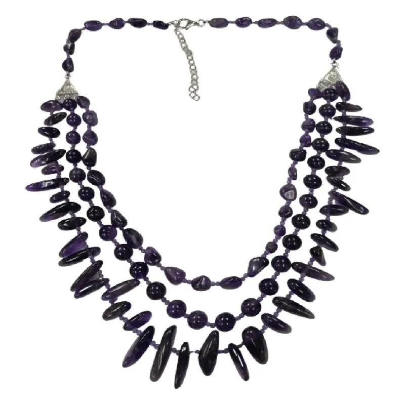 Pearlz Gallery Flat Oval Shaped Natural Amethyst Women's Necklaces | 3 Lines Necklace for Women's |  925 Sterling Silver Necklace | Natural Stone Necklace | Gift for Wife, Girlfriend, Mother or Daughter