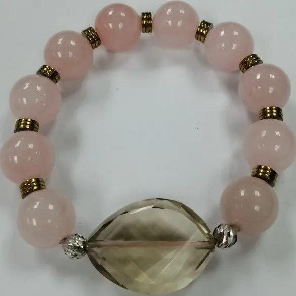 Pearlz Gallery | Rose Quartz & Smokey Quartz Beaded Stretch Bracelet | 925 Sterling Silver | Gold Hematite Beads | Women's Fashion Gemstone Jewelry | 8" Round Beads