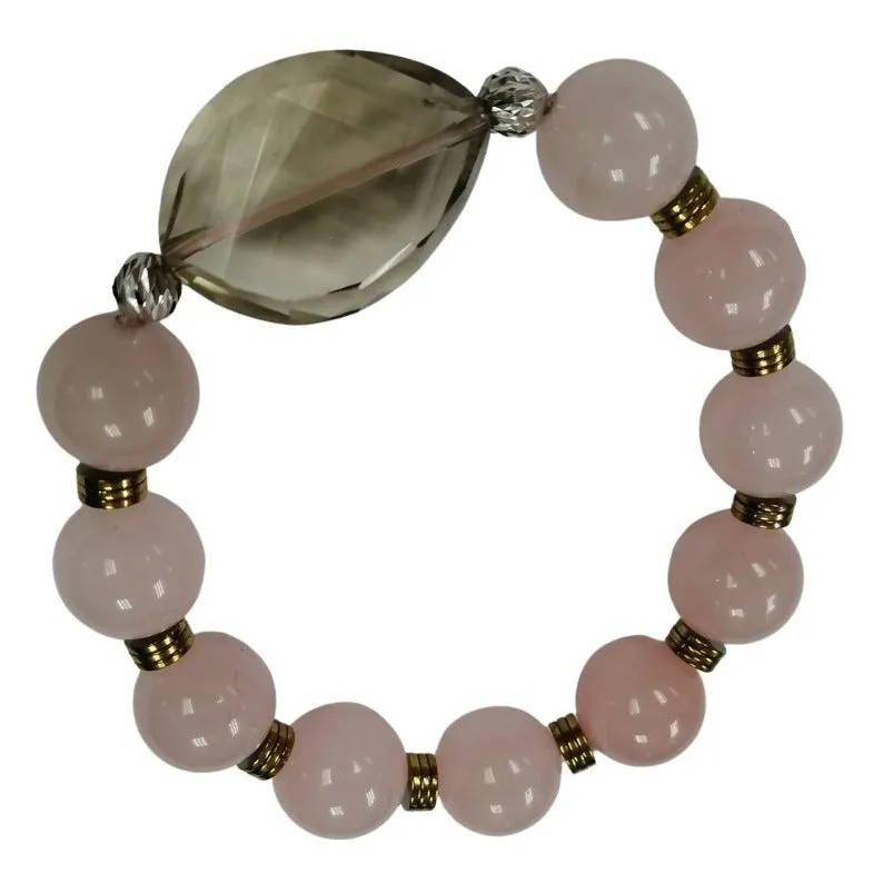 Pearlz Gallery | Rose Quartz & Smokey Quartz Beaded Stretch Bracelet | 925 Sterling Silver | Gold Hematite Beads | Women's Fashion Gemstone Jewelry | 8" Round Beads