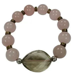 Pearlz Gallery | Rose Quartz & Smokey Quartz Beaded Stretch Bracelet | 925 Sterling Silver | Gold Hematite Beads | Women's Fashion Gemstone Jewelry | 8" Round Beads