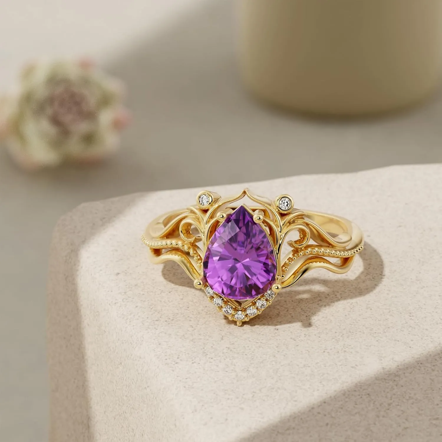 Pear/Princess/Heart/Kite Cut Natural Amethyst Engagement Rings for Women 10K 14K 18K Gold Genuine Amethyst Promise Wedding Anniversary Ring February Birthstone Ring for Her