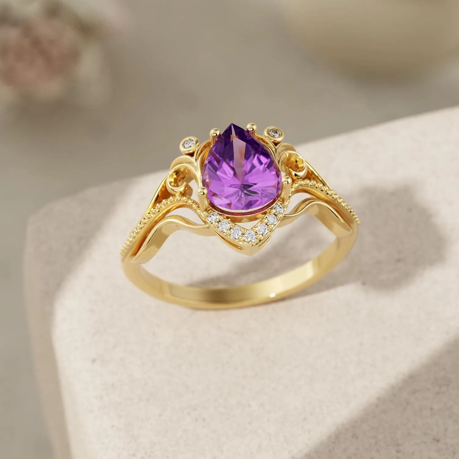 Pear/Princess/Heart/Kite Cut Natural Amethyst Engagement Rings for Women 10K 14K 18K Gold Genuine Amethyst Promise Wedding Anniversary Ring February Birthstone Ring for Her