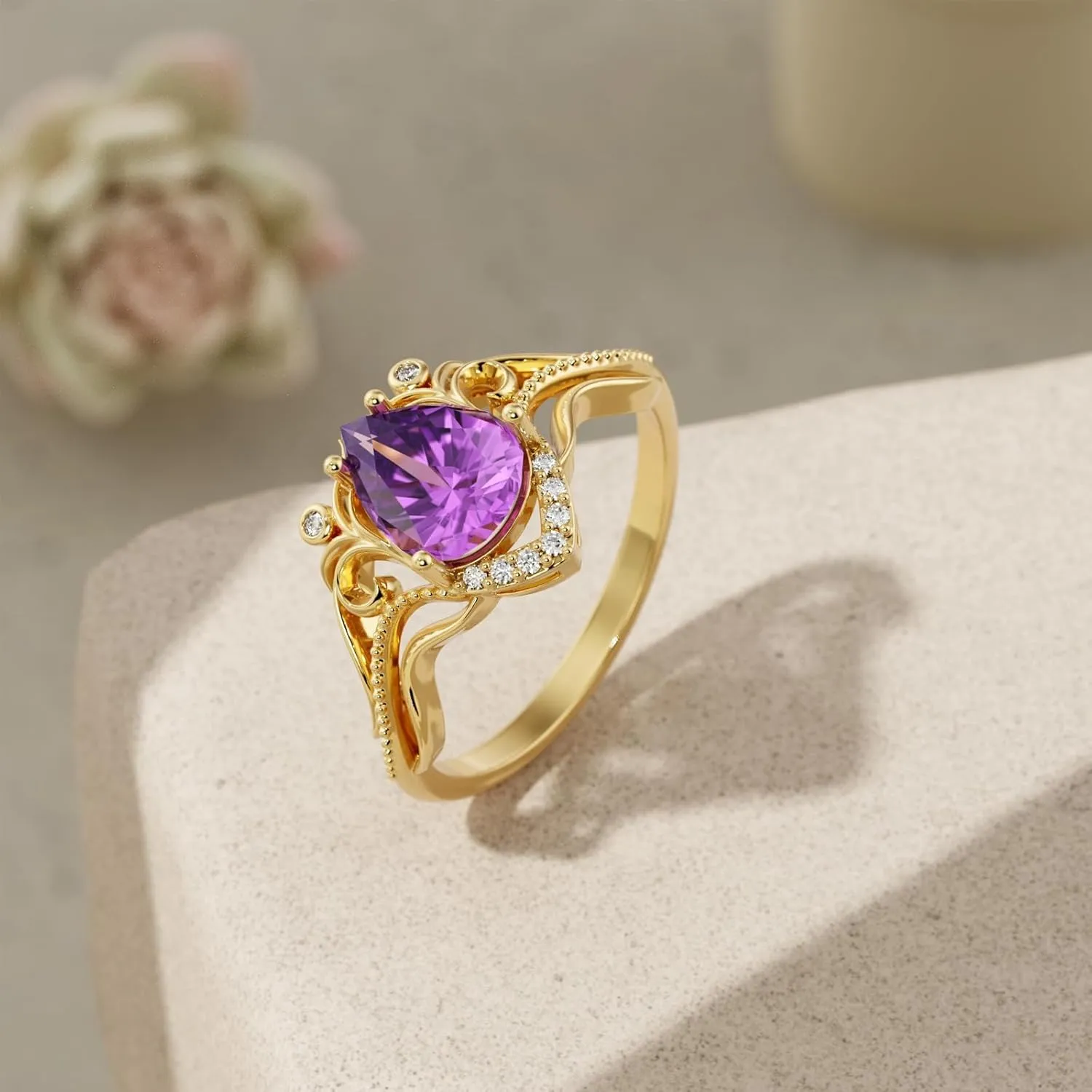Pear/Princess/Heart/Kite Cut Natural Amethyst Engagement Rings for Women 10K 14K 18K Gold Genuine Amethyst Promise Wedding Anniversary Ring February Birthstone Ring for Her