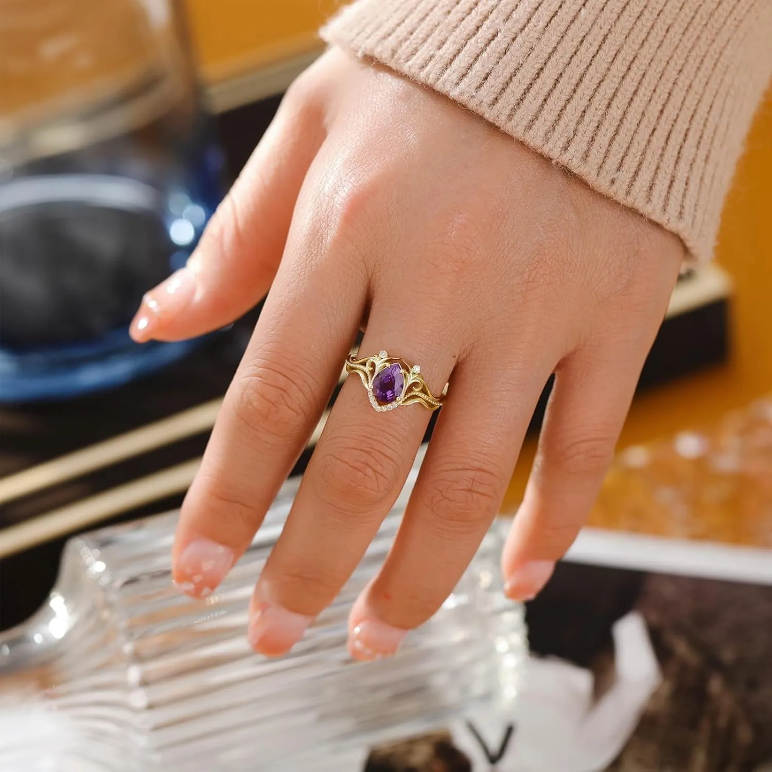 Pear/Princess/Heart/Kite Cut Natural Amethyst Engagement Rings for Women 10K 14K 18K Gold Genuine Amethyst Promise Wedding Anniversary Ring February Birthstone Ring for Her