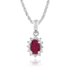 Pendentif Classique Or Blanc 375 Rubis Oval et Diamant Style Cluster