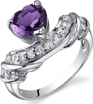 Peora Amethyst Heart Promise Ring in Sterling Silver, 1 Carat total, Comfort Fit, Sizes 5 to 9