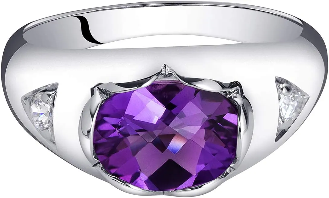 PEORA Amethyst Promise Ring in Sterling Silver, Designer Solitaire Oval Shape, 9x7mm, 1.50 Carats total, Comfort Fit, Sizes 5 to 9