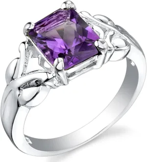 PEORA Amethyst Ring for Women 925 Sterling Silver, Designer Criss-Cross Solitaire, Natural Gemstone Birthstone, 2 Carats Radiant Cut 9x7mm, Comfort Fit, Sizes 5 to 9