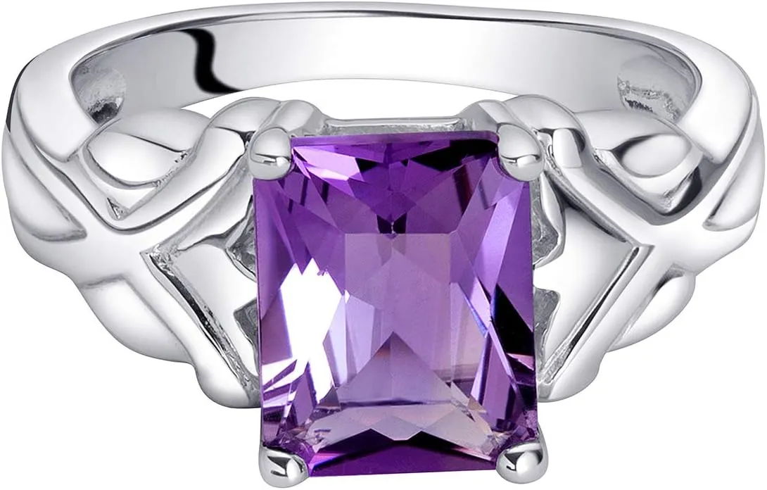 PEORA Amethyst Ring for Women 925 Sterling Silver, Designer Criss-Cross Solitaire, Natural Gemstone Birthstone, 2 Carats Radiant Cut 9x7mm, Comfort Fit, Sizes 5 to 9