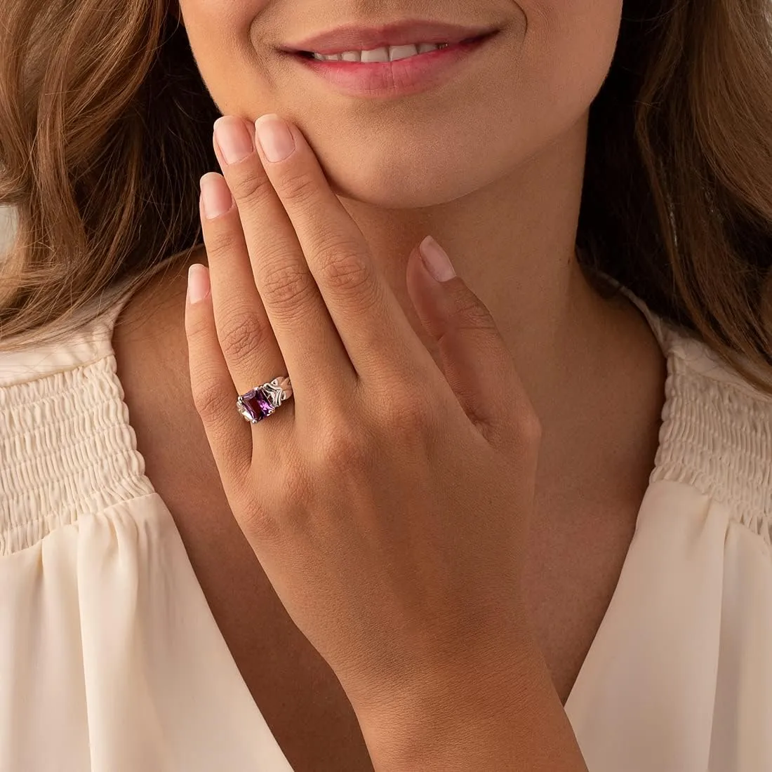 PEORA Amethyst Ring for Women 925 Sterling Silver, Designer Criss-Cross Solitaire, Natural Gemstone Birthstone, 2 Carats Radiant Cut 9x7mm, Comfort Fit, Sizes 5 to 9