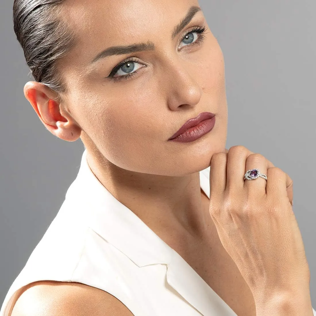 PEORA Amethyst Ring in Sterling Silver, Infinity Knot Design, Round Shape, 6mm, 1.00 Carat, Comfort Fit, Sizes 5 to 9