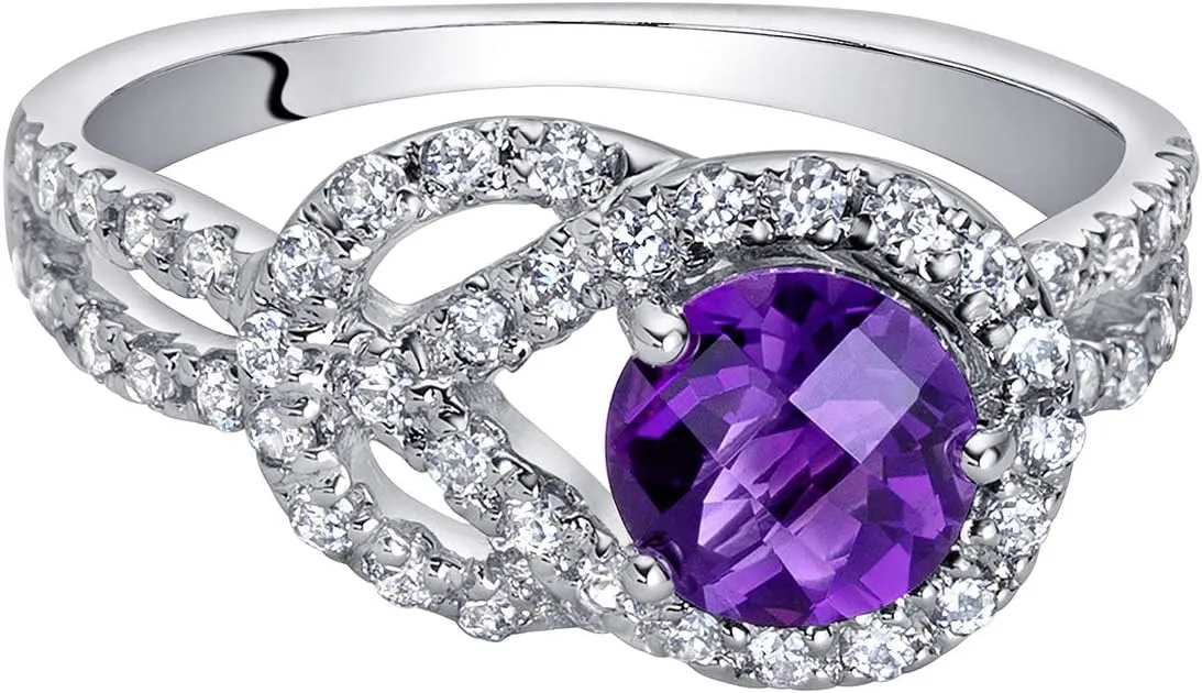 PEORA Amethyst Ring in Sterling Silver, Infinity Knot Design, Round Shape, 6mm, 1.00 Carat, Comfort Fit, Sizes 5 to 9