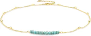 PERNNLA PEARL 18K Gold Satellite Beaded Curb Ball Chain Choker Turquoise Garnet Beads Bar Necklace Handmade Pendant Jewelry Adjustable for Women 16”  2”