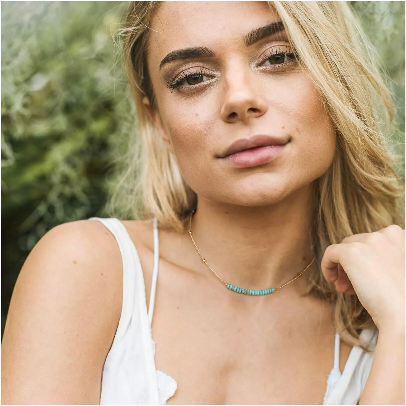 PERNNLA PEARL 18K Gold Satellite Beaded Curb Ball Chain Choker Turquoise Garnet Beads Bar Necklace Handmade Pendant Jewelry Adjustable for Women 16”  2”
