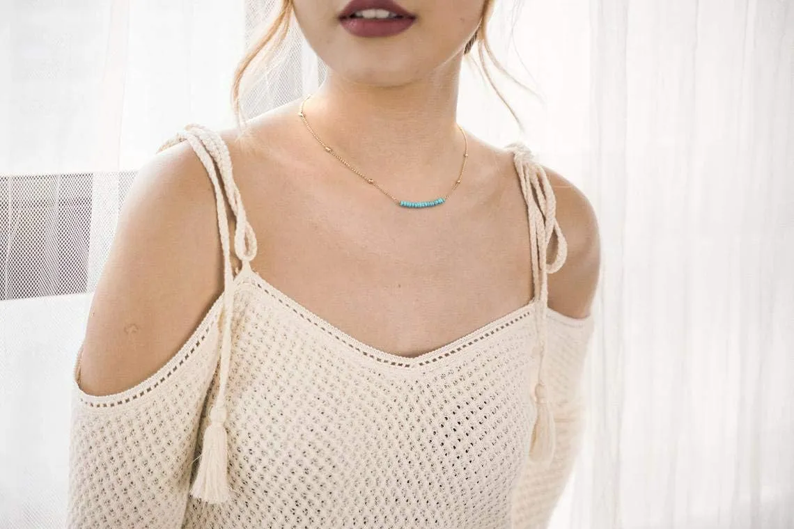 PERNNLA PEARL 18K Gold Satellite Beaded Curb Ball Chain Choker Turquoise Garnet Beads Bar Necklace Handmade Pendant Jewelry Adjustable for Women 16”  2”