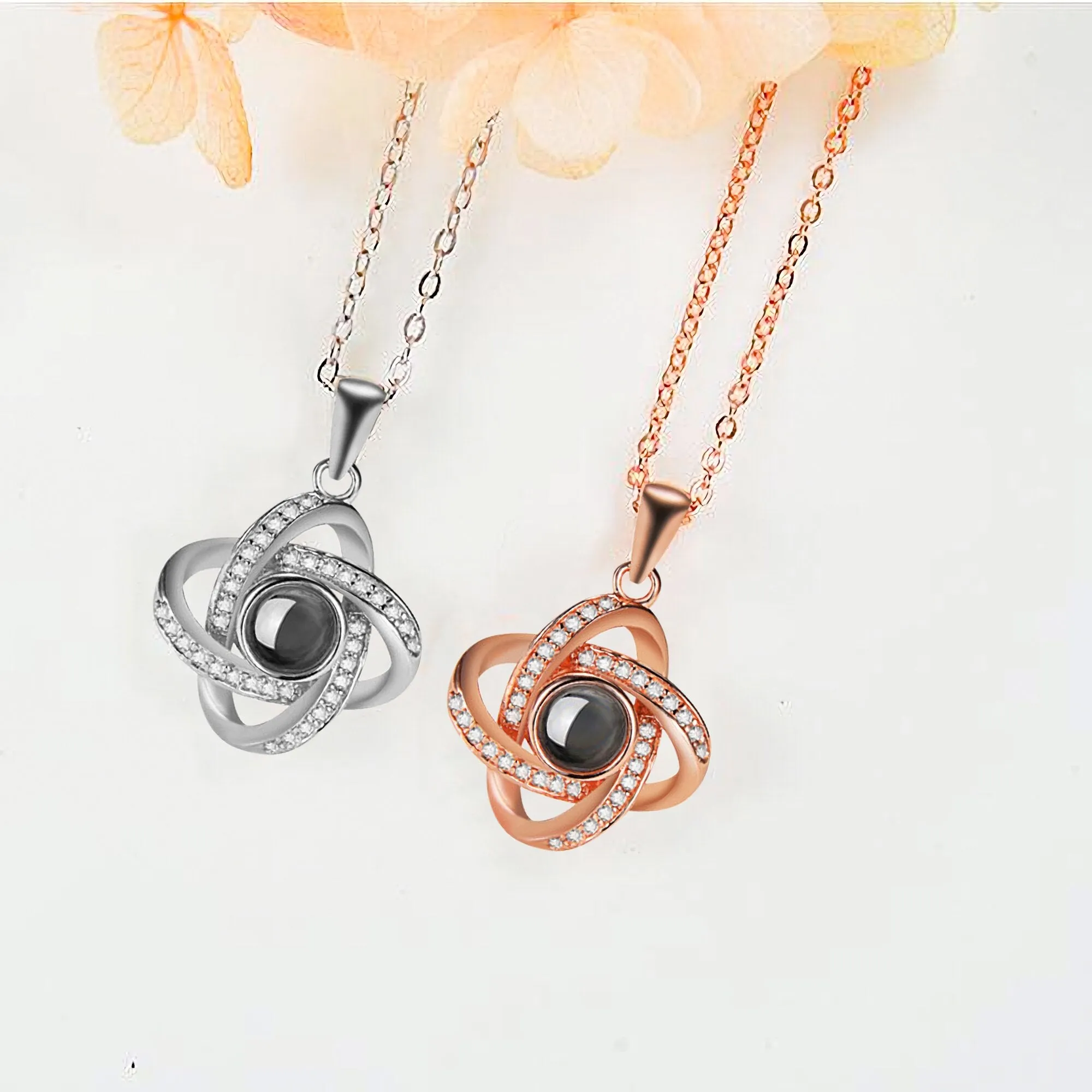 Personalized 4 Leaves Crystal Rose Projection Necklace Custom Photo Name Pendant